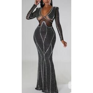 Rehab Couture black rhinestone maxi dress Evening Gown